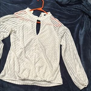 White Blouse with Mock Neck Puff Sleeves and Pleated Cut Out Features